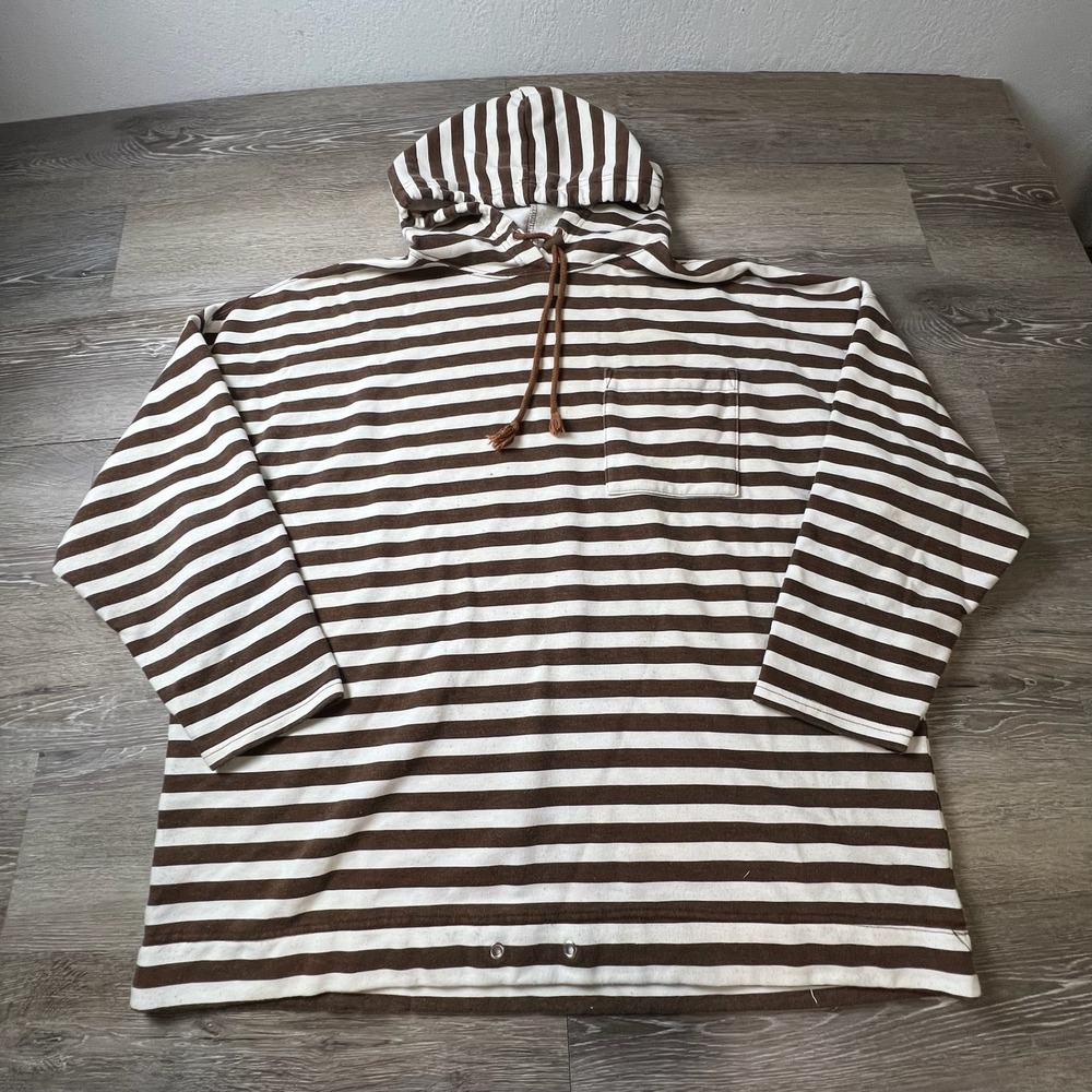 Exp Jeans Hoodie Mens Medium Brown White Striped Pullover Pocket Grommet Y2K